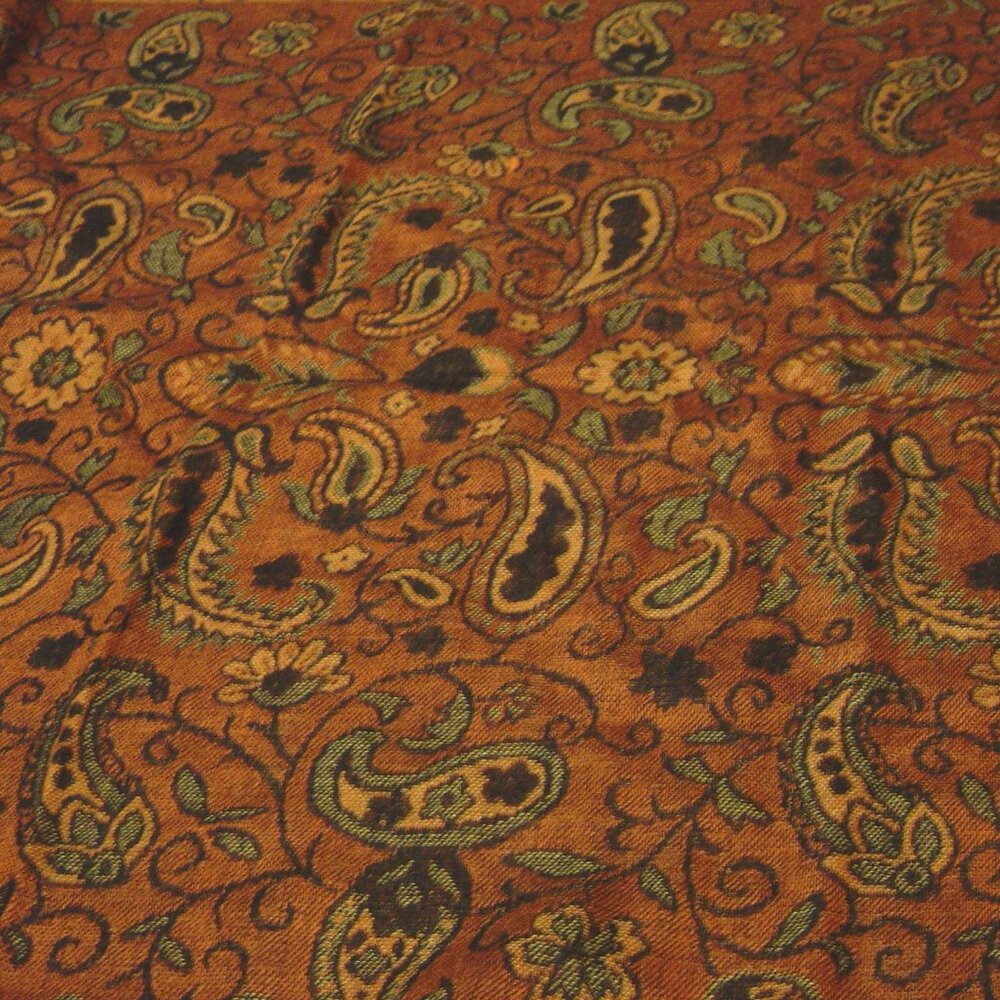 Rust fringed paisley print woven scarf--70" x 27"
